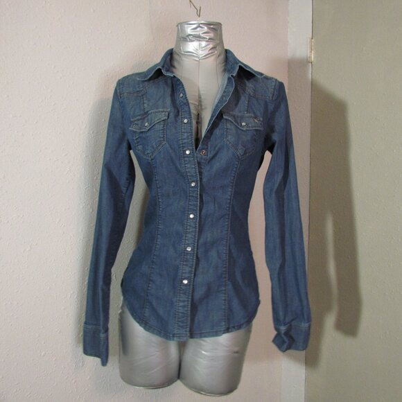 Guess Dark Wash Denim Western Shirt Size Medium - Picture 1 of 6